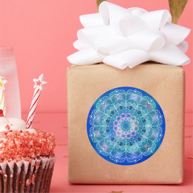 Sticker Rond Mandala White Outline bleu Aquarelle - (Fête)
