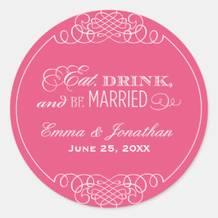 Sticker Rond Manger Boire Être Marié Monogramme Rose Chaud