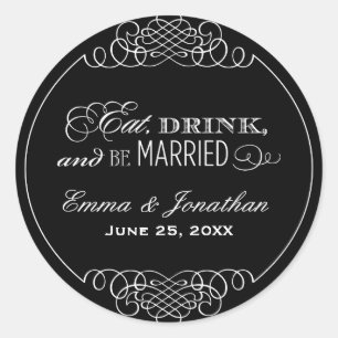 Sticker Rond Mangez Boire et être marié Mariage noir Monogramme