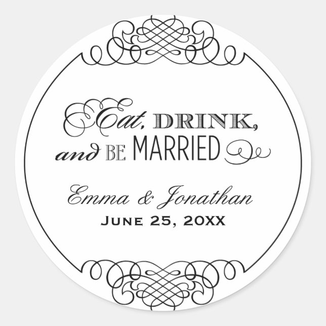 Sticker Rond Mangez Boire et être marié Mariage noir Monogramme (Devant)