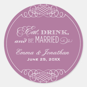 Sticker Rond Mangez Boire et être marié Violet Mariage Monogram