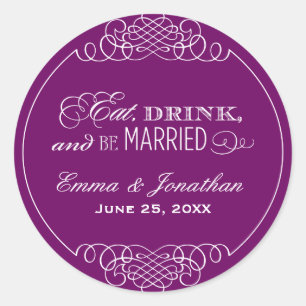 Sticker Rond Mangez Boire et être marié Violet Mariage Monogram