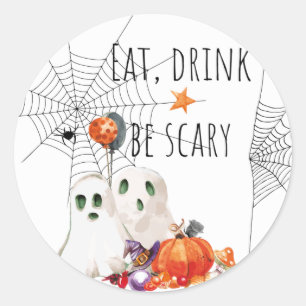 Sticker Rond Mangez, Buvez Soyez Effrayant Fantômes D'Aquarelle