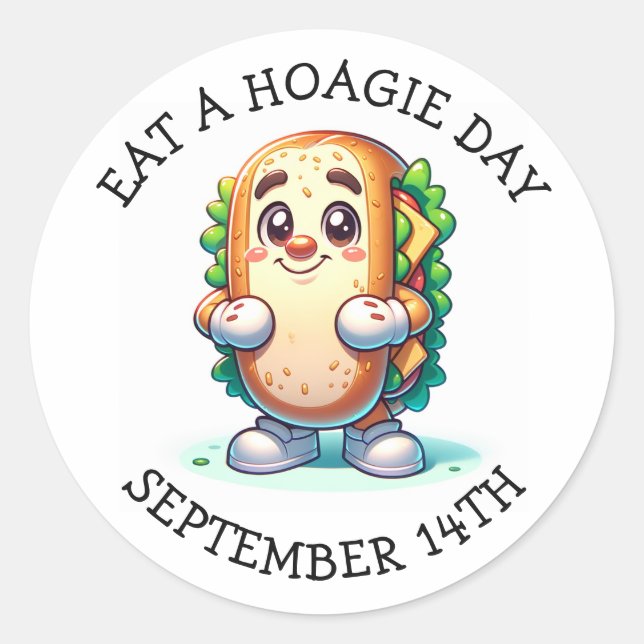 Sticker Rond Mangez un jour de Hoagie, Fêtes de Nourriture Drôl (Devant)
