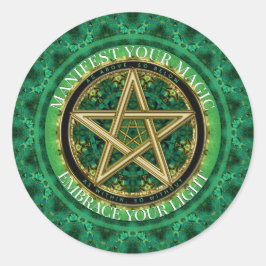 Sticker Rond Manifest Your Magic Golden Pentacle Nature Green