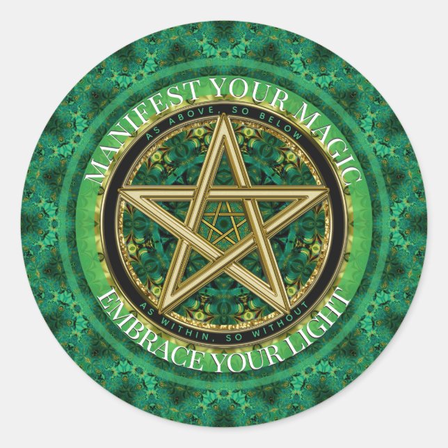 Sticker Rond Manifest Your Magic Golden Pentacle Nature Green (Devant)