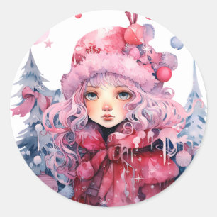 Sticker Rond Manteau d'hiver rose mignonne gros yeux Fille neig