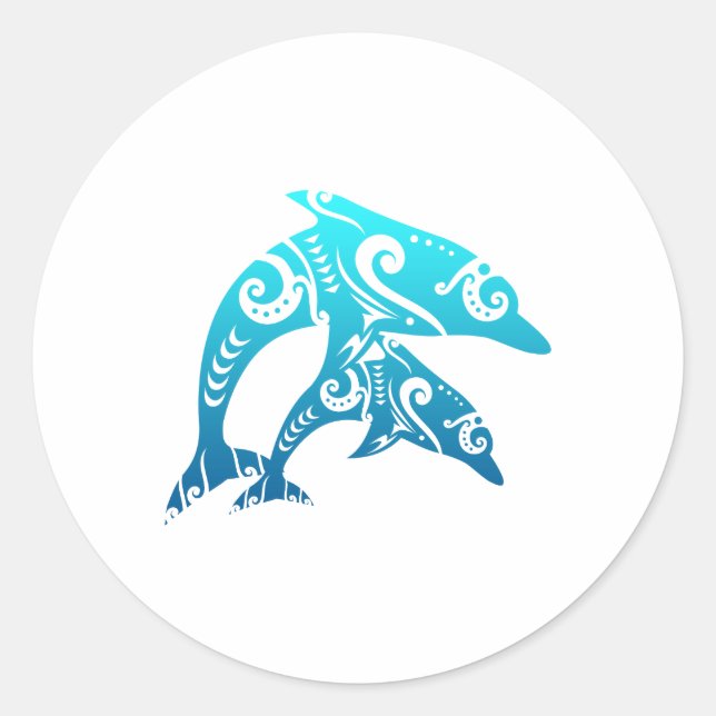 Sticker Rond Maori Couple Dolphins Tribal Tattoo Blue Idée cade (Devant)