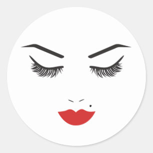 Sticker Rond Maquillage de beauté visage cils et lèvres rouges 