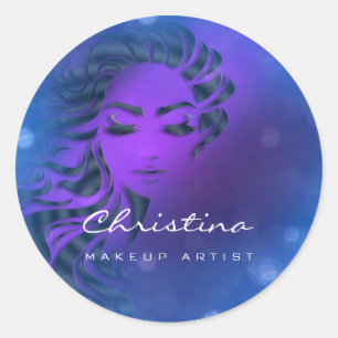 Sticker Rond Maquillage Stylo Cheveux Artiste Bleu Eyelash viol