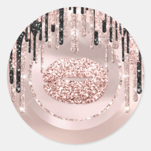Sticker Rond Maquilleuse Baiser aux lèvres gouttes de rose pail