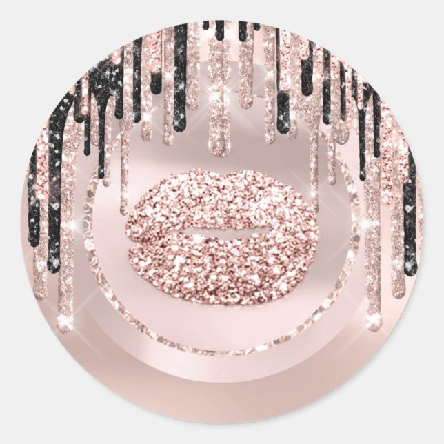Sticker Rond Maquilleuse Baiser Lèvres Paillettes Rose (Devant)