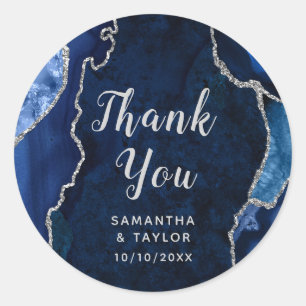 Sticker Rond Marbre Agate Argent et Navy Remerciements de Maria