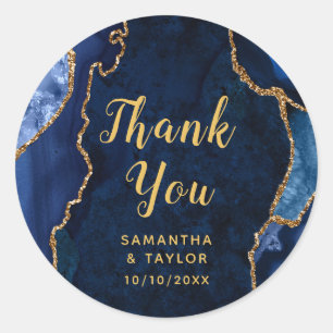 Sticker Rond Marbre Agate Or et Navy Merci Mariage