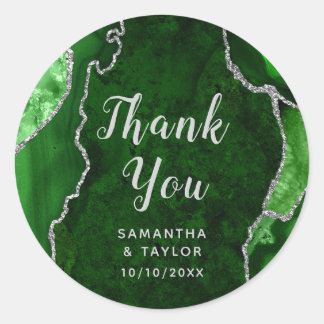 Sticker Rond Marbre Agate Vert et Argent Remerciement Mariage