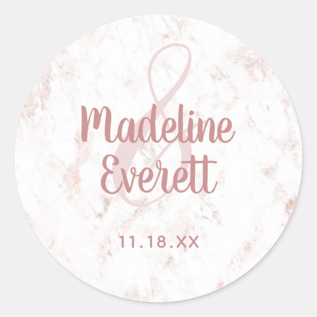 Sticker Rond Marbre blanc et Mariage Rose de monogramme or (Devant)