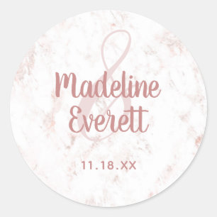 Sticker Rond Marbre blanc et Mariage Rose de monogramme or