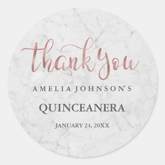 Sticker Rond Marbre Faux Rose Gold Merci Quinceanera (Devant)