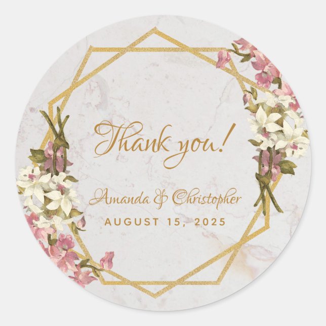 Sticker Rond Marbre géométrique floral Or Orchidées mariage Fav (Devant)