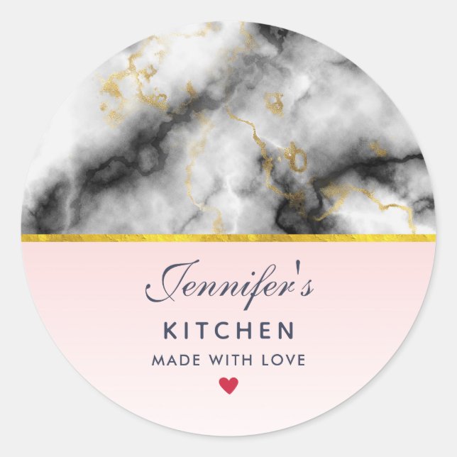 Sticker Rond Marbre gris blanc moderne avec Cuisine en ruban or (Devant)