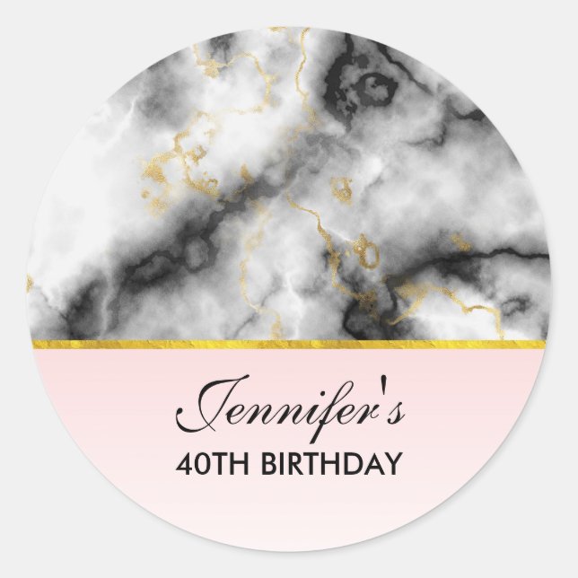 Sticker Rond Marbre gris blanc moderne avec ruban or Anniversai (Devant)