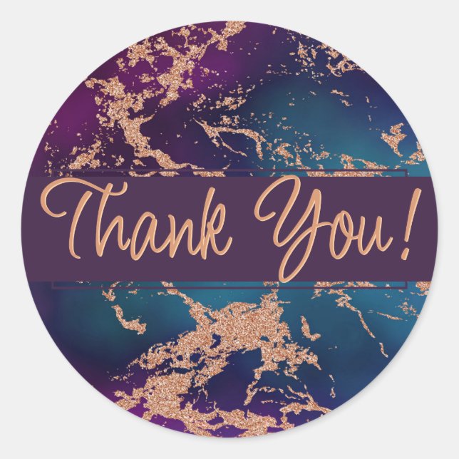 Sticker Rond Marbre Luxe Moody | Violet foncé et sarcelle Merci (Devant)
