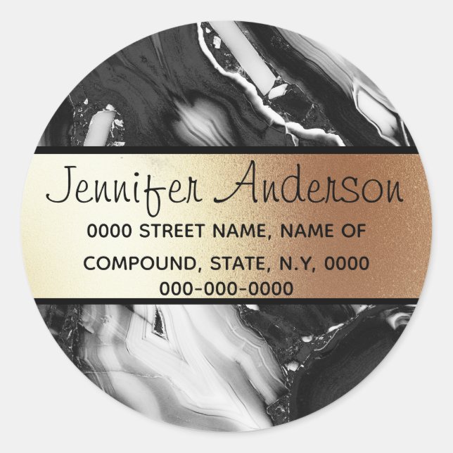 Sticker Rond Marbre noir faux or gris texture métallique chic (Devant)