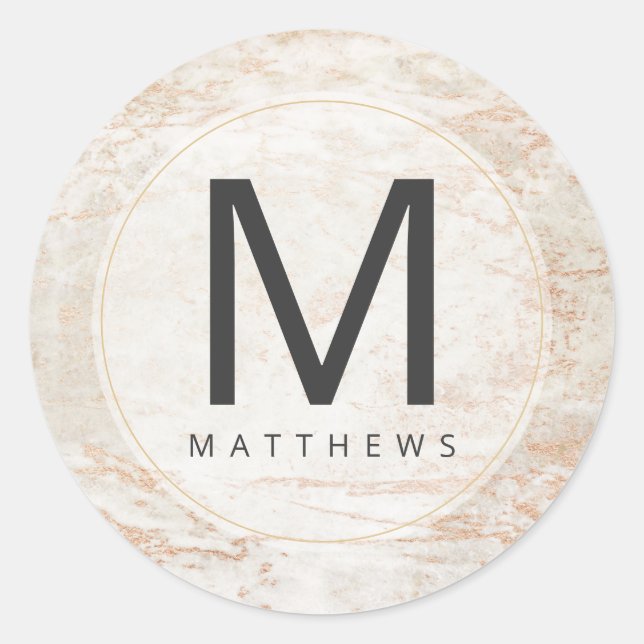 Sticker Rond Marbres modernes en Beige & Cuivre Mariage Monogra (Devant)
