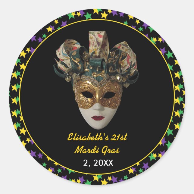 Sticker Rond Mardi Gras Masque 21e fête d'anniversaire (Devant)
