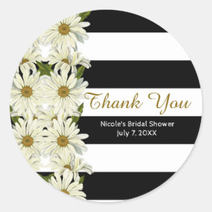 Sticker Rond Marguerites et rayures noires et blanches Floral m