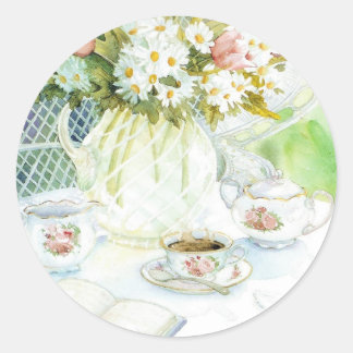 Sticker Rond Marguerites et tulipes et thé