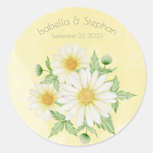 Sticker Rond Marguerites Typographie florale jaune blanc (Devant)