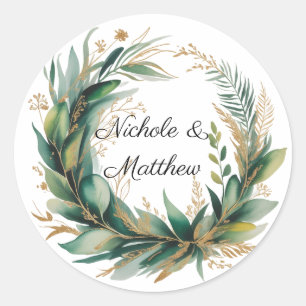 Sticker Rond Mariage à cadre floral vert émeraude et or