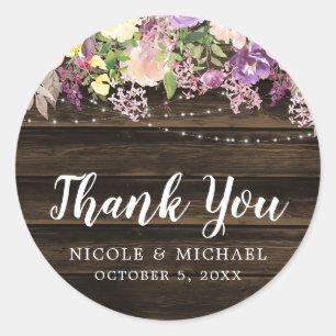 Sticker Rond Mariage à cordes florales violettes rustiques