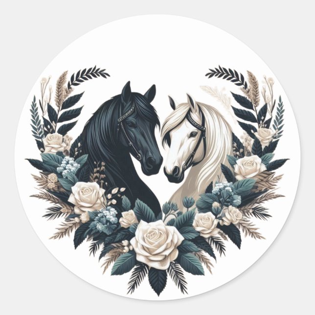 Sticker Rond Mariage à la Campagne - Des Chevaux Amoureux (Devant)