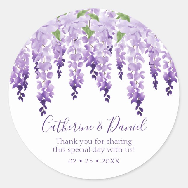 Sticker Rond Mariage à la Wisteria à l'aquarelle | Remerciement (Devant)