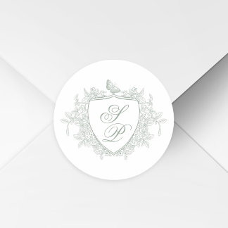 Sticker Rond Mariage à monogramme de crête vert sauge