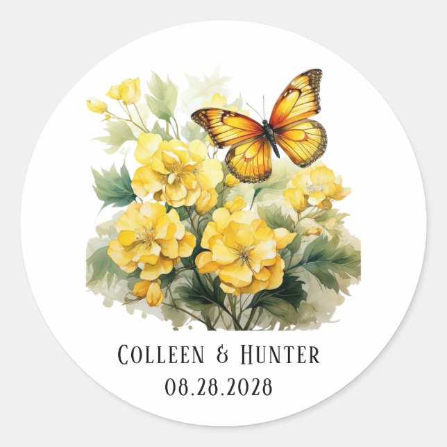 Sticker Rond Mariage à papillon jaune chic Hydrangea (Devant)