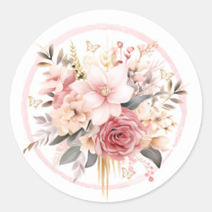 Sticker Rond Mariage à papillon rose et or
