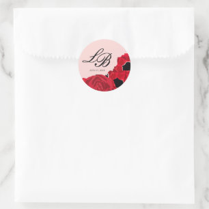 Sticker Rond Mariage Abstrait Roses Rouges et Pavots