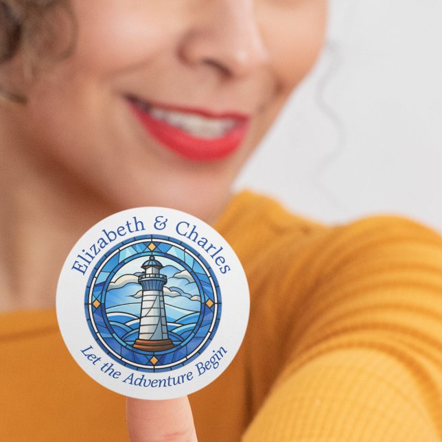 Sticker Rond Mariage Adventure Phare Voile Nautique (Lighthouse nautical wedding bride and groom favor stickers)