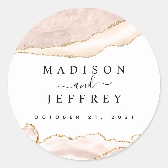 Sticker Rond Mariage Agate Blush & Gold Parties scintillant (Devant)