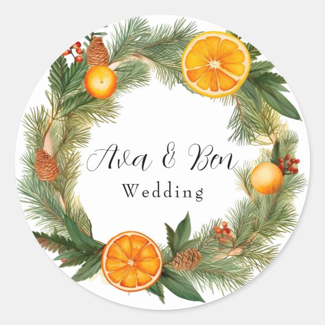 Sticker Rond Mariage aiguilles de pin vert tranche orange (Devant)