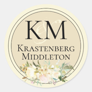 Sticker Rond Mariage Ajouter Votre Nom Monogramme Crème Noir