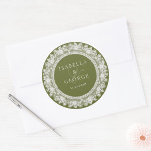 Sticker Rond Mariage Ancien Argent Olive Vert Blanc Remerciemen