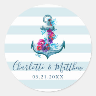 Sticker Rond Mariage Ancre d'aquarelle bleu marine