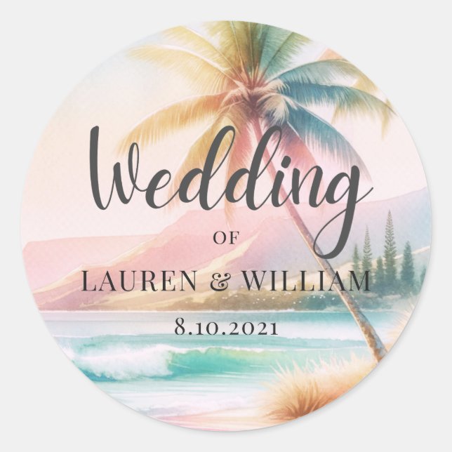Sticker Rond Mariage aquarelle aux palmiers de plage (Devant)