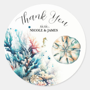 Sticker Rond Mariage Aquarelle Corail Éclaboussure Océan