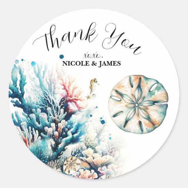 Sticker Rond Mariage Aquarelle Corail Splash Océanique (Devant)