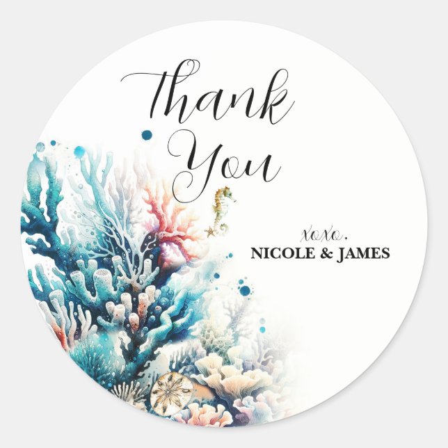 Sticker Rond Mariage Aquarelle Corail Splash Océanique (Devant)